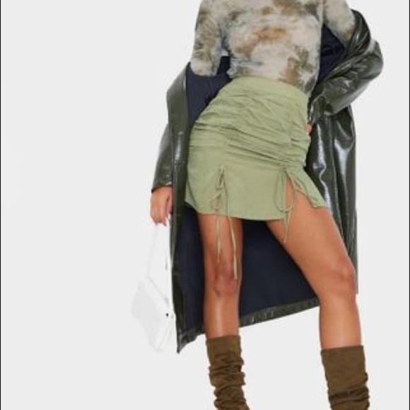 Khaki Faux‎ Suede Double Ruched Detail Mini Skirt - Picture 3 of 8